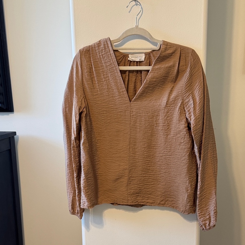 Anthropologie Lou & Grey Textured V-Neck Long Sleeve Top in Cognac